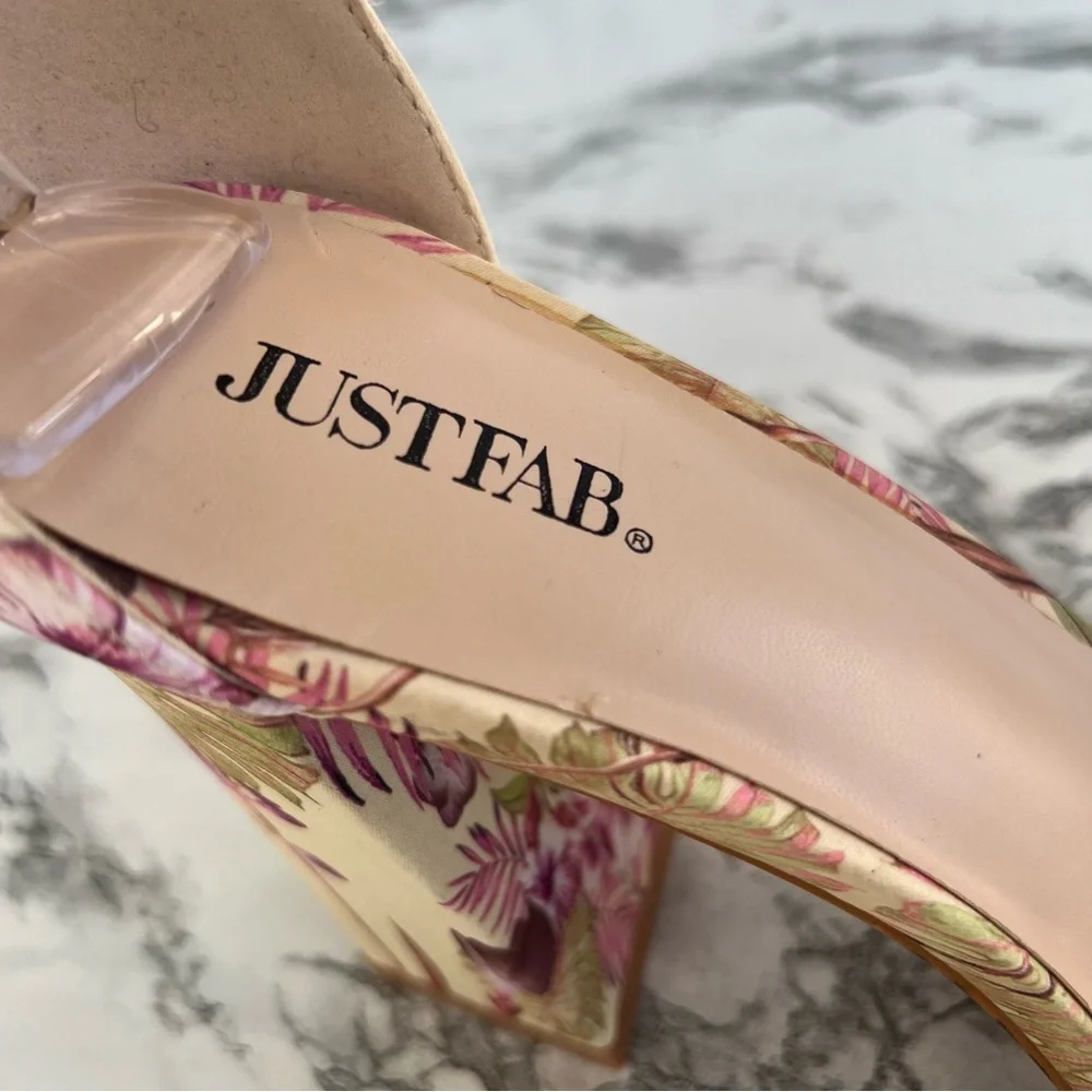 JustFab Tami Sandal Floral Yellow Ankle Strap Block Heel 10 Garden Cocktail